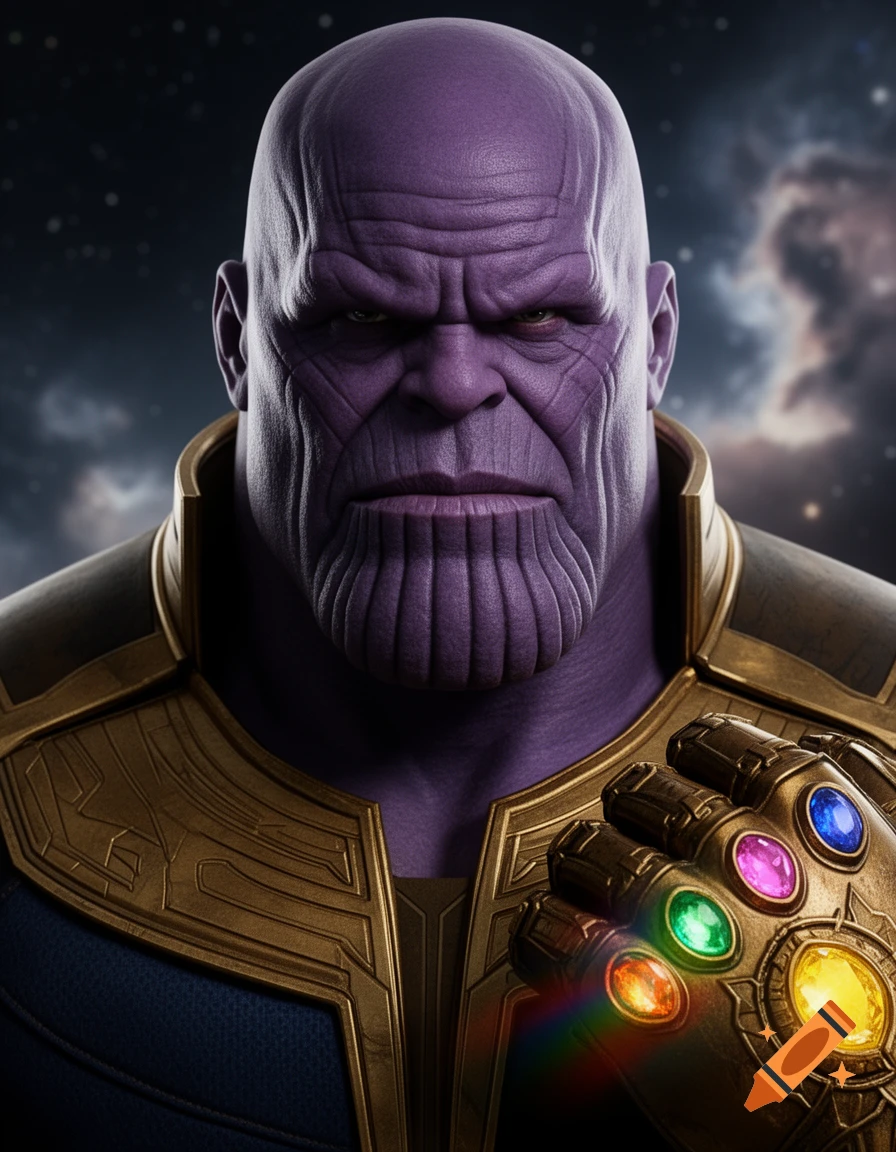 A detailed portrait of Thanos, the purple-skinned Marvel villain, wearing golden armor and the Infinity Gauntlet with all six glowing stones.