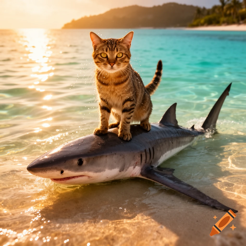 A tabby cat stands on a shark in clear shallow ocean water with a beautiful sunset background.