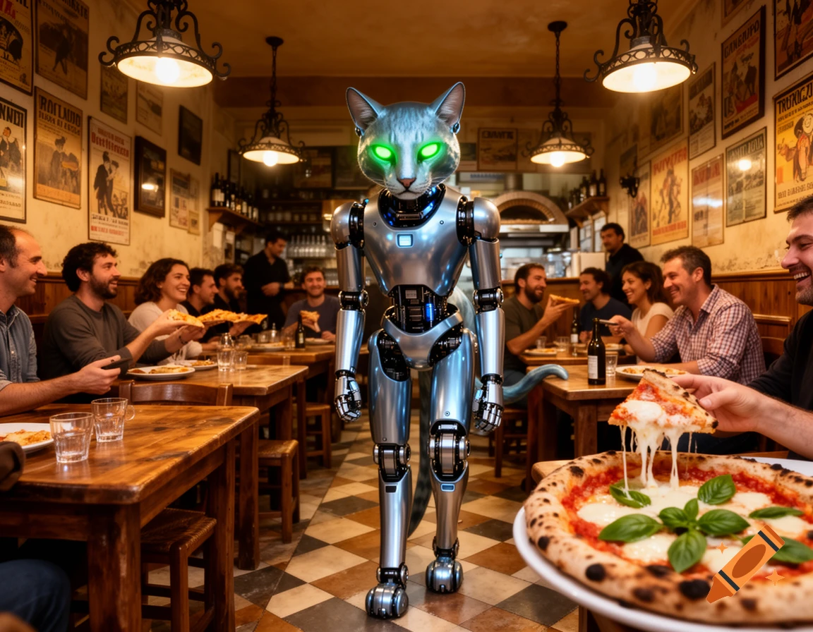 A photorealistic cat robot with glowing green eyes walks through a lively pizzeria filled with people eating pizza.