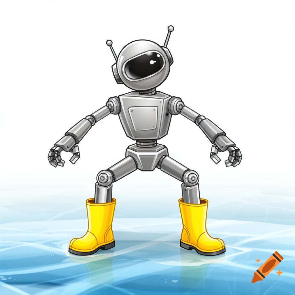 A silver grey retro-futuristic robot in yellow Wellington boots slips on ice, legs wide apart, knees bent, in an illustration style.