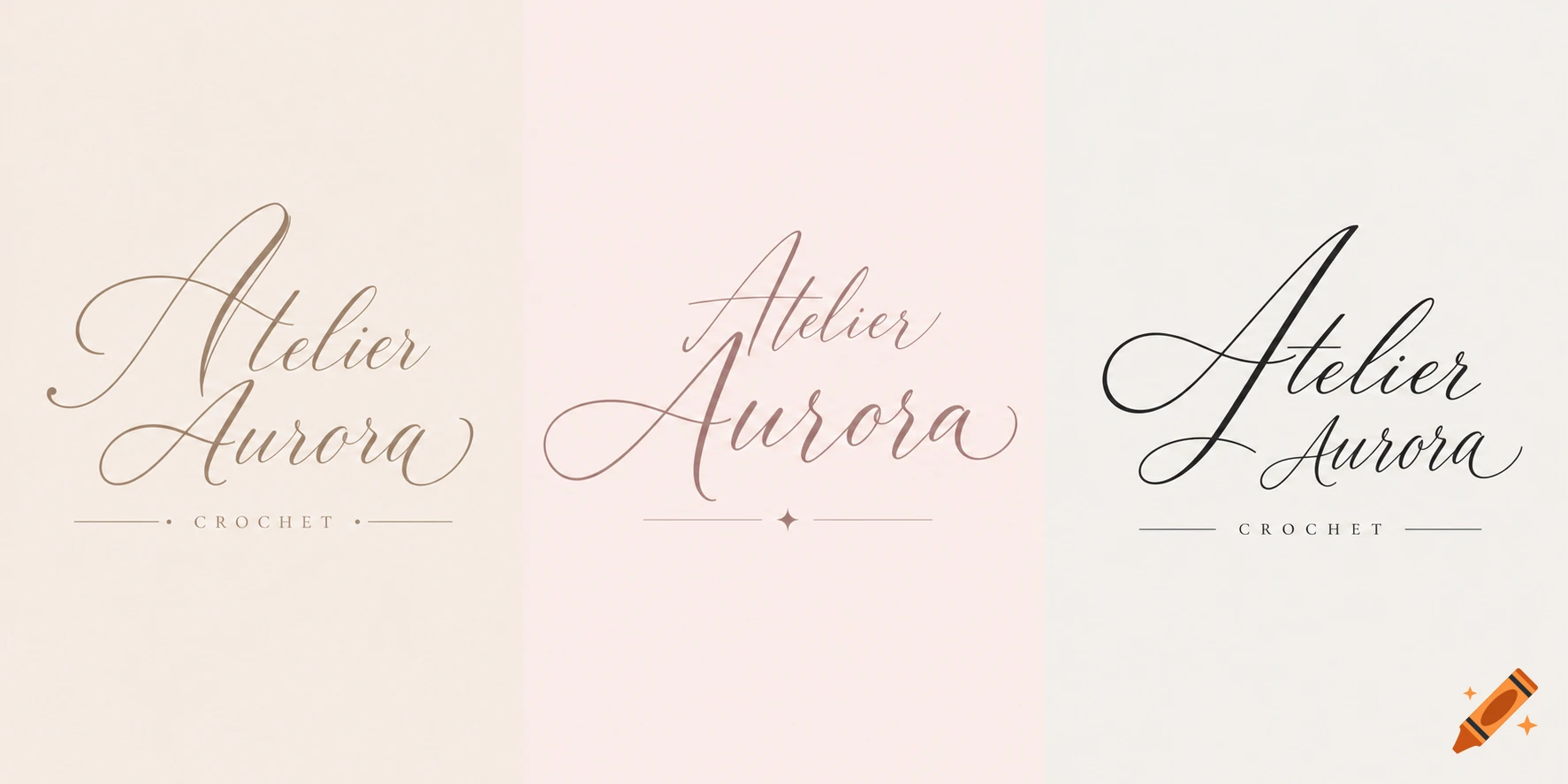 Three elegant logo variations for Atelier Aurora CROCHET, featuring script and sans-serif fonts in different colors on a light background.