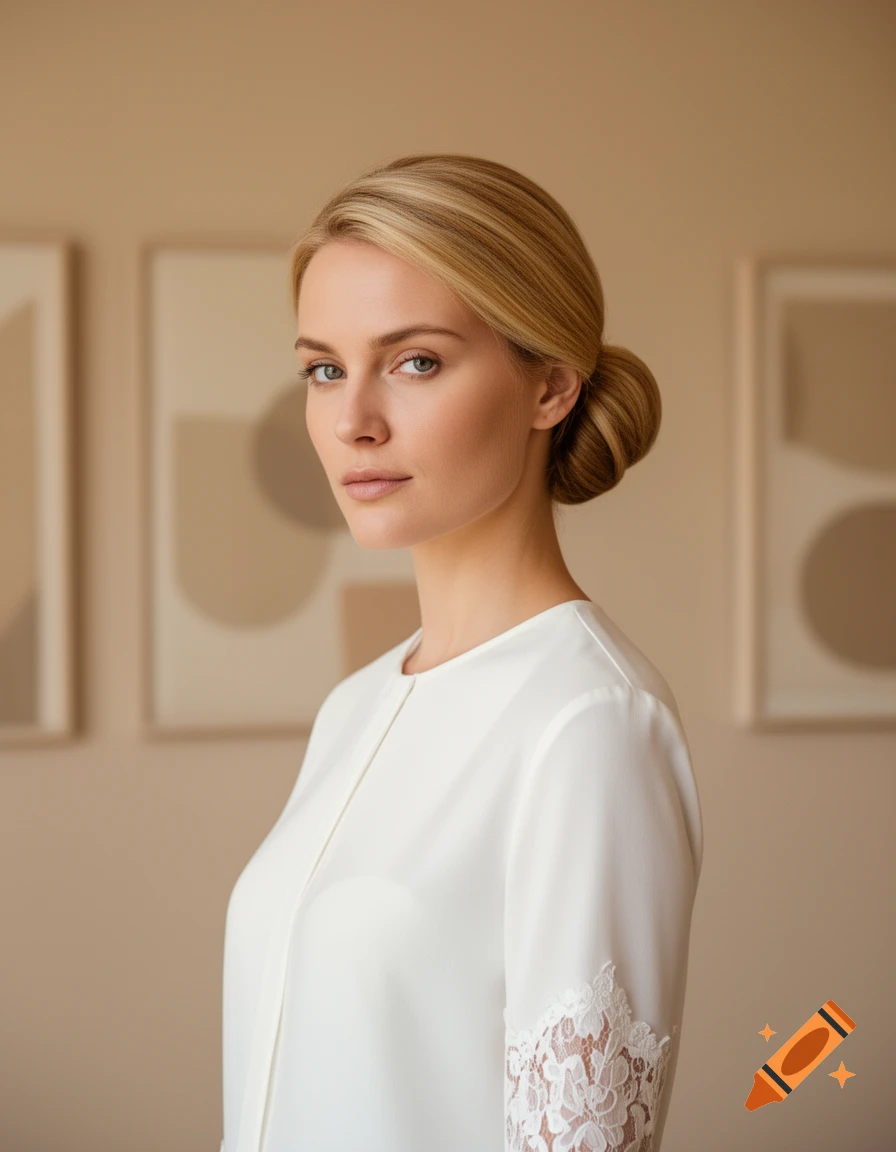 A close-up portrait of a blonde woman with her hair in a bun, wearing a white blouse with lace sleeves, looking directly at the viewer.