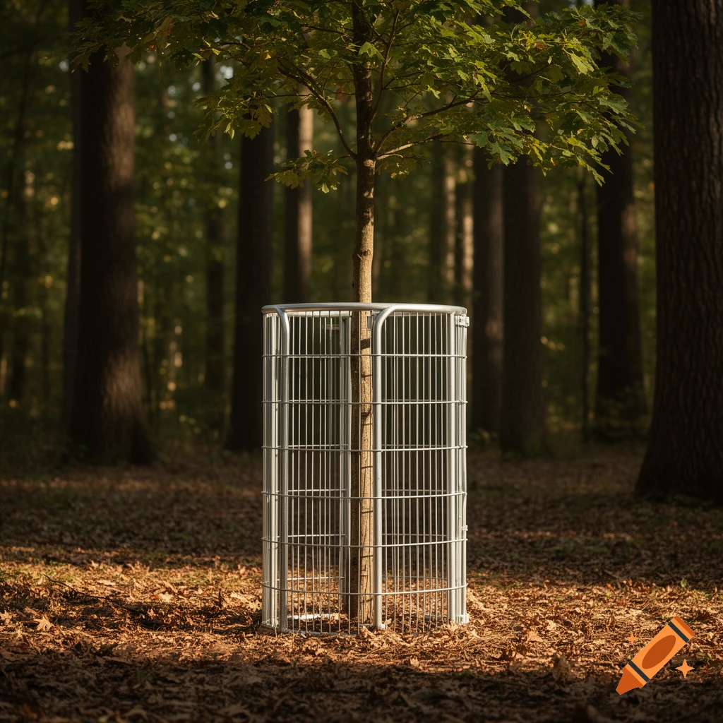 A young tree with a cylindrical metal guard around its trunk stands on a sunlit forest floor covered in fallen leaves.