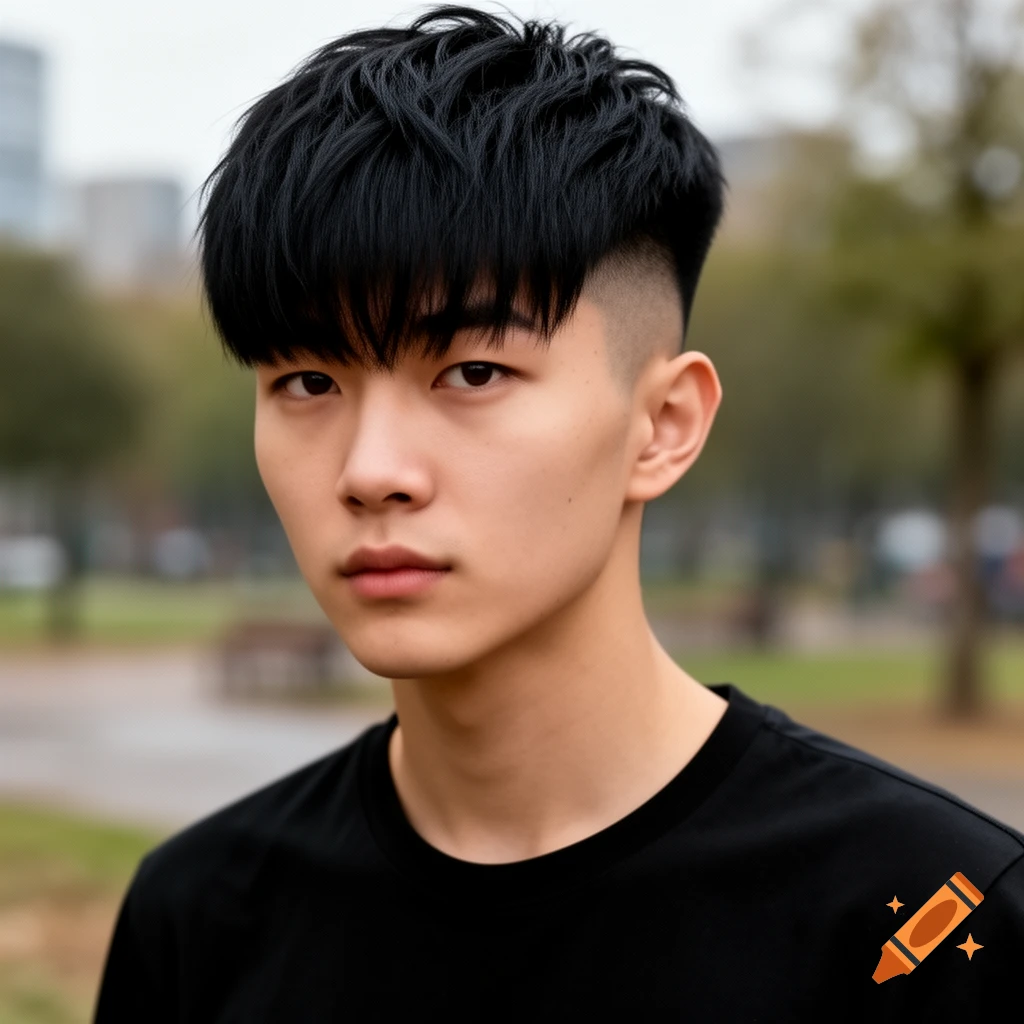 Photorealistic portrait of a young East Asian man with a black two-block haircut, wearing a black t-shirt, outdoors.