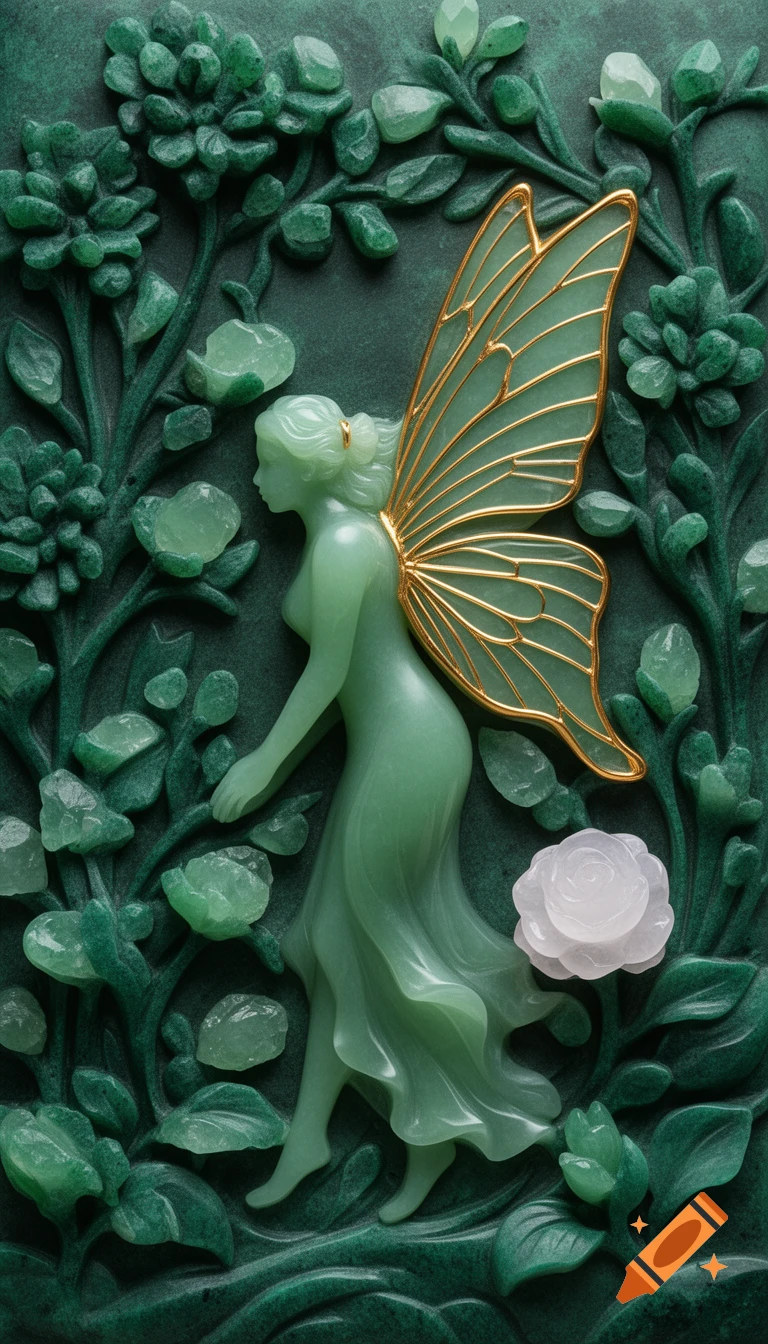 A jade fairy sculpture with gold wings surrounded by dark green foliage and a white rose, carved into a luxurious stone surface.