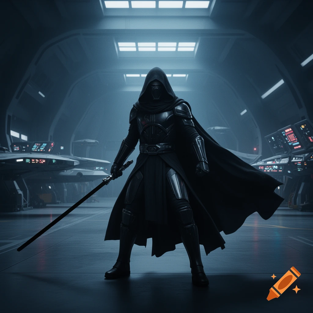 A dark, hooded figure resembling a Sith Lord stands in a futuristic hangar, holding a black lightsaber.