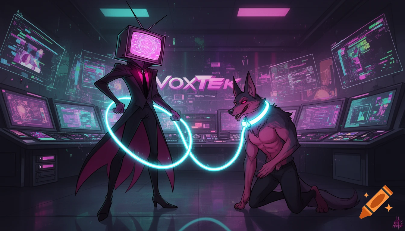 A TV-headed demon in a suit holds a glowing leash attached to a muscular, kneeling Hellhound demon in a neon-lit cyberpunk control room.