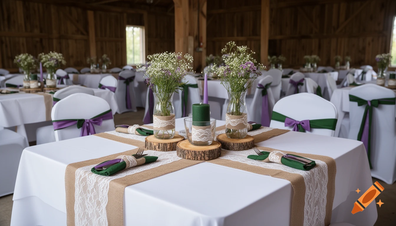 A rustic wedding reception table in a barn, with white tablecloths, jute and lace runners, wildflower centerpieces, green and lilac candles, and chairs with white covers and purple/green bows.
