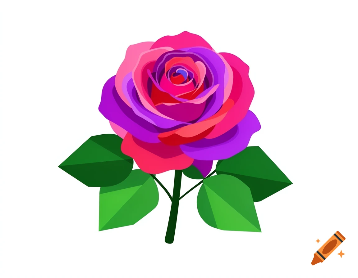 A vibrant vector illustration of a rose with pink, purple, and red petals and green leaves on a white background.