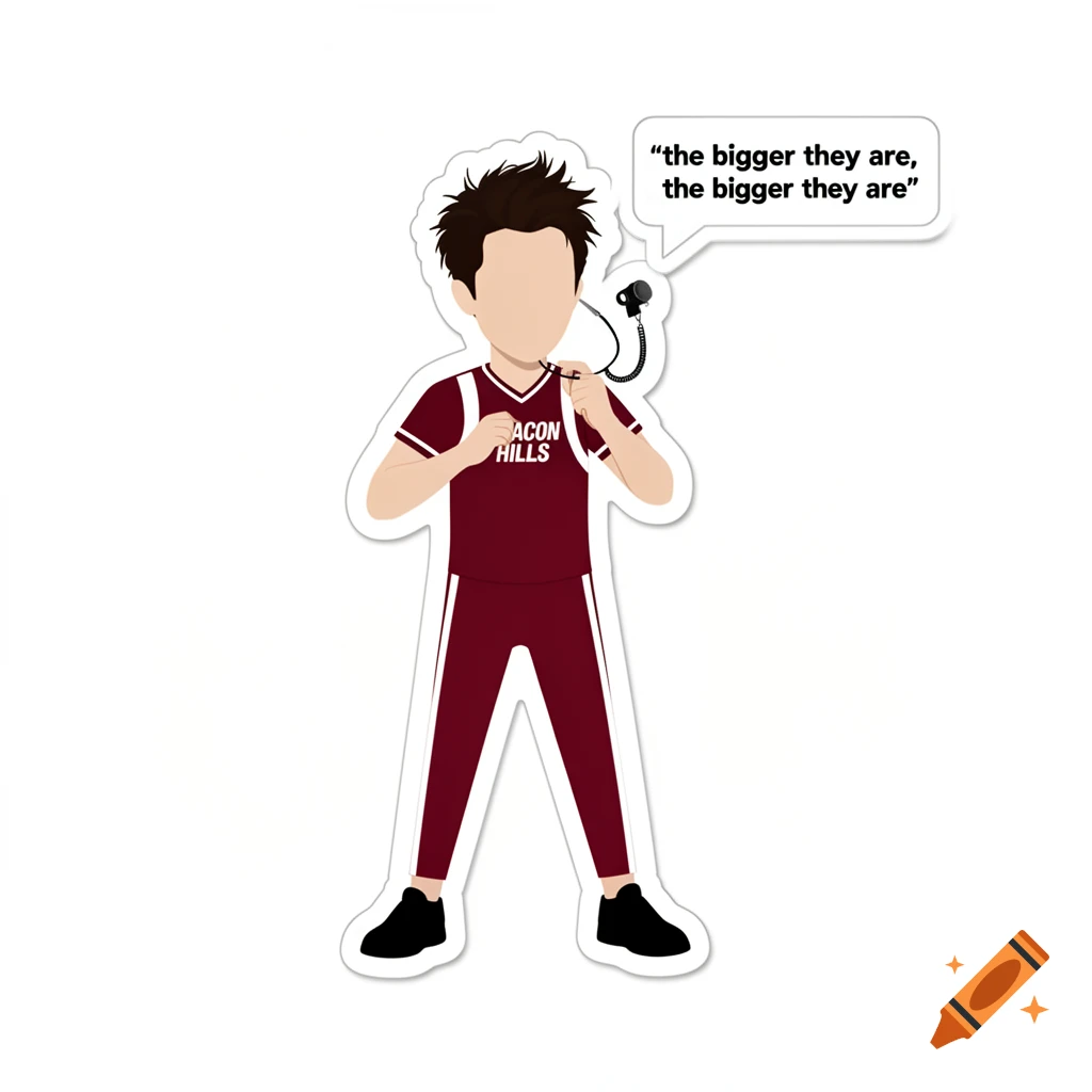A minimalist, faceless vector sticker of a male coach in a maroon uniform with a whistle, saying 'the bigger they are, the bigger they are'.