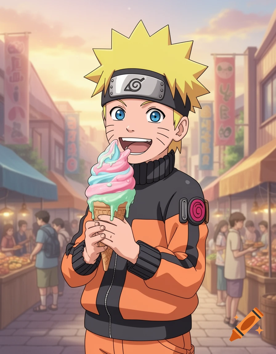 Anime character Naruto happily eating a pink and blue swirl ice cream cone in a bustling outdoor marketplace.