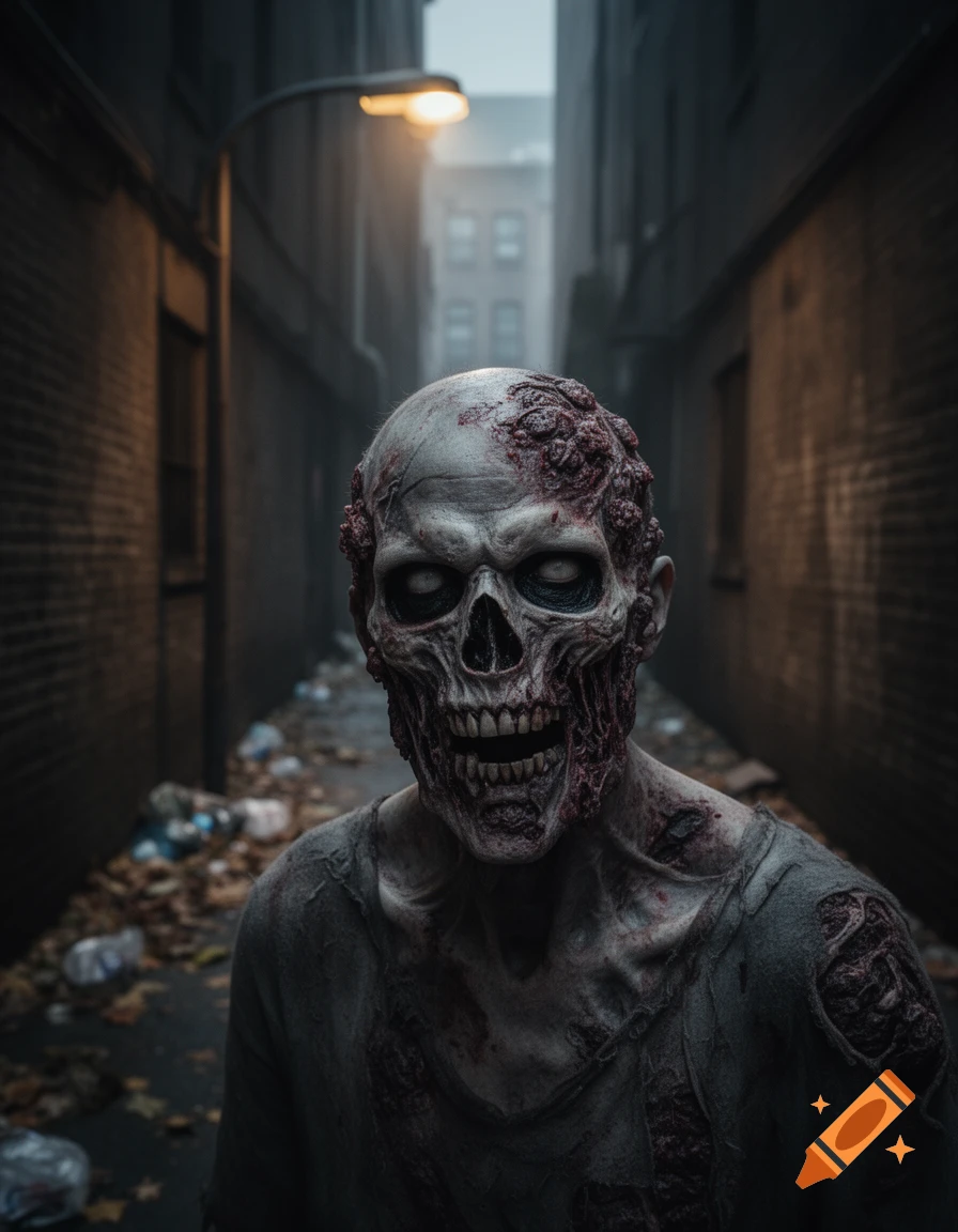 A ghastly, decaying zombie with a skull-like face and empty eyes stands in a dark, misty urban alley lit by a single street lamp.