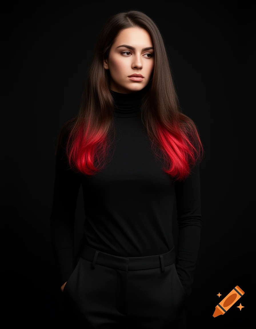 Photorealistic portrait of a woman with long brown hair with red tips, wearing a black turtleneck, looking pensive against a black background.