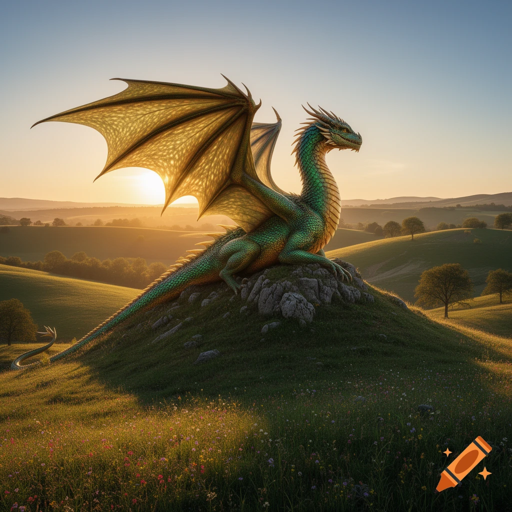 A majestic green and gold dragon rests on a grassy hill overlooking a rolling landscape at sunset.