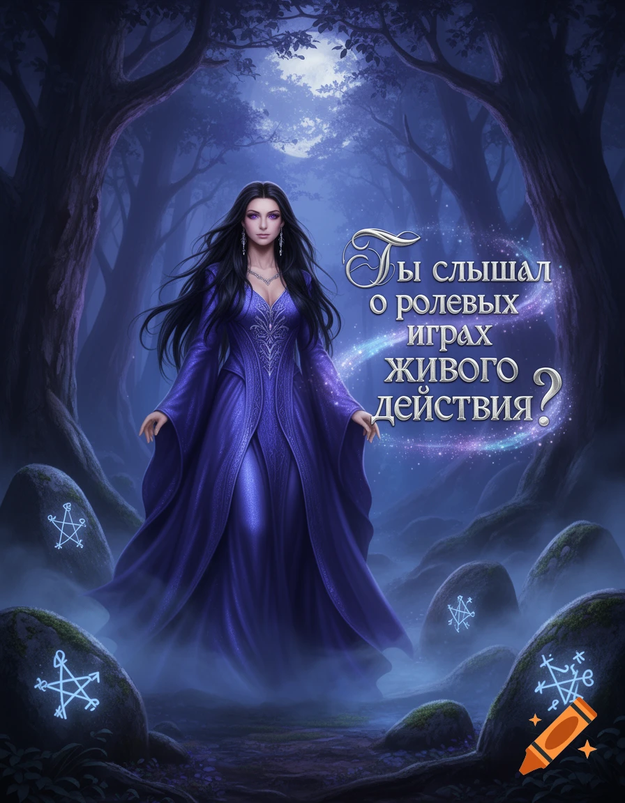 A beautiful sorceress with long dark hair in a purple dress stands in a mystical dark forest with glowing runic stones.