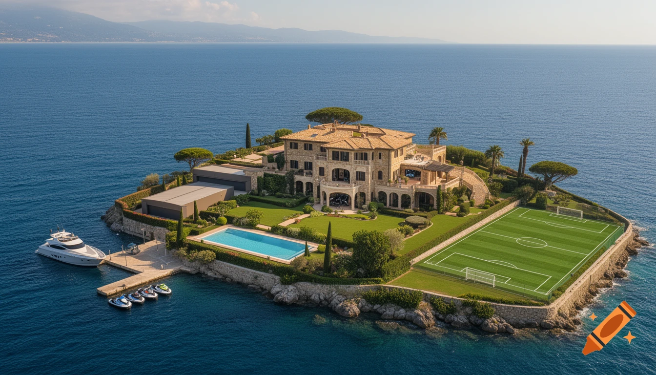 Aerial view of a luxurious villa on a private island, featuring a yacht, jet skis, pool, and soccer field, surrounded by deep blue sea.