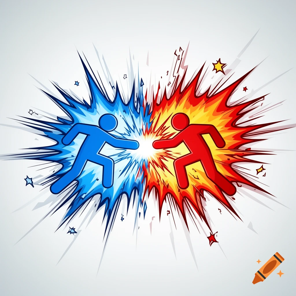 A blue stickman and a red stickman collide with a comic book style impact explosion.