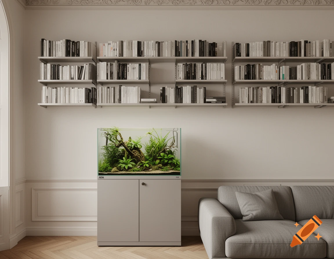 Photorealistic interior with an aquascape on a grey cabinet, under wall-mounted bookshelves, next to a grey sofa and parquet floor.