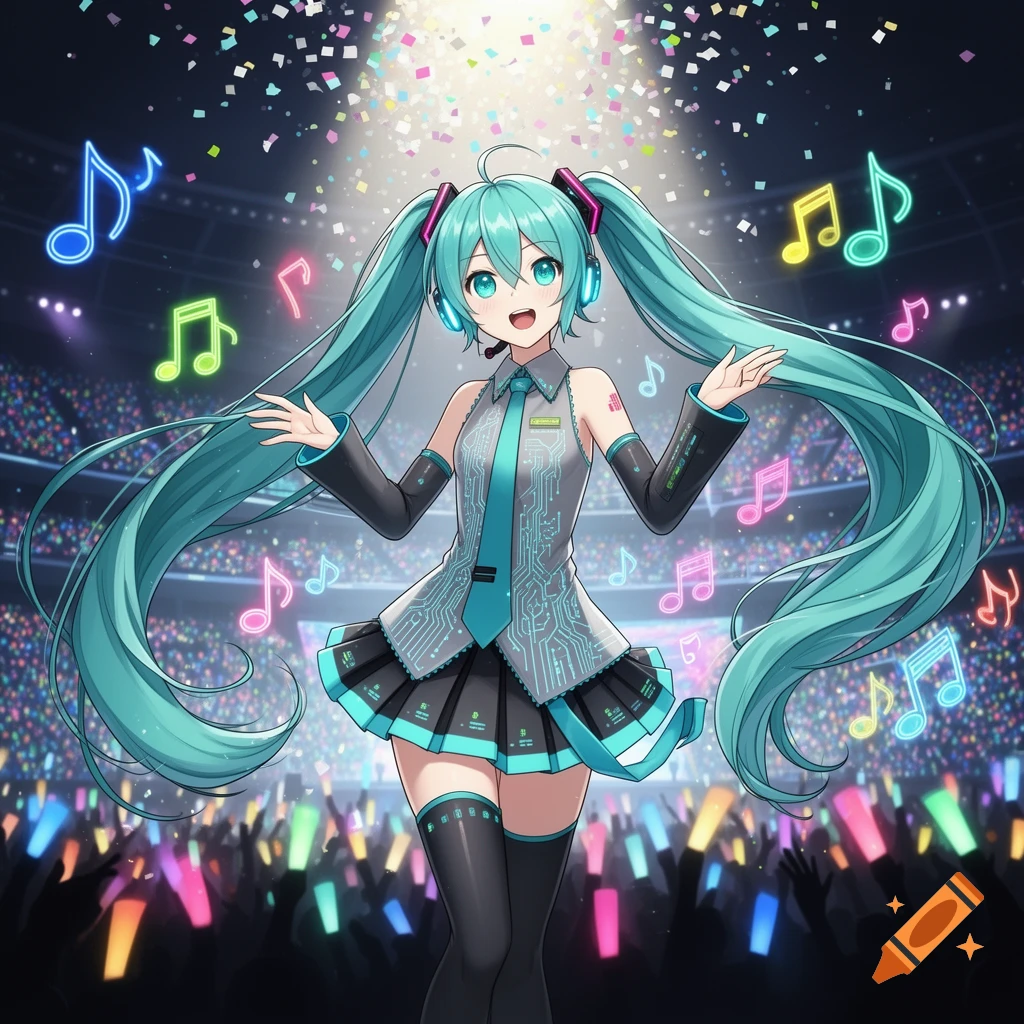 A vibrant anime character with long turquoise pigtails, Hatsune Miku, performs on a stage bathed in light, with musical notes floating around her and a cheering crowd holding glow sticks.
