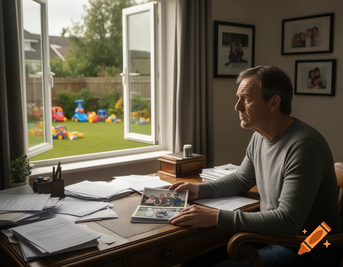 A man sits at a desk, holding a photo album, looking out an open window at a backyard with children's toys in a photorealistic style.