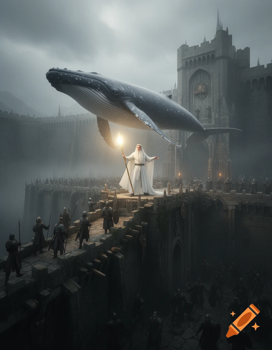 A white-robed wizard with a glowing staff stands on a fortress bridge as a huge whale floats above, with warriors below in a dark, foggy fantasy scene.