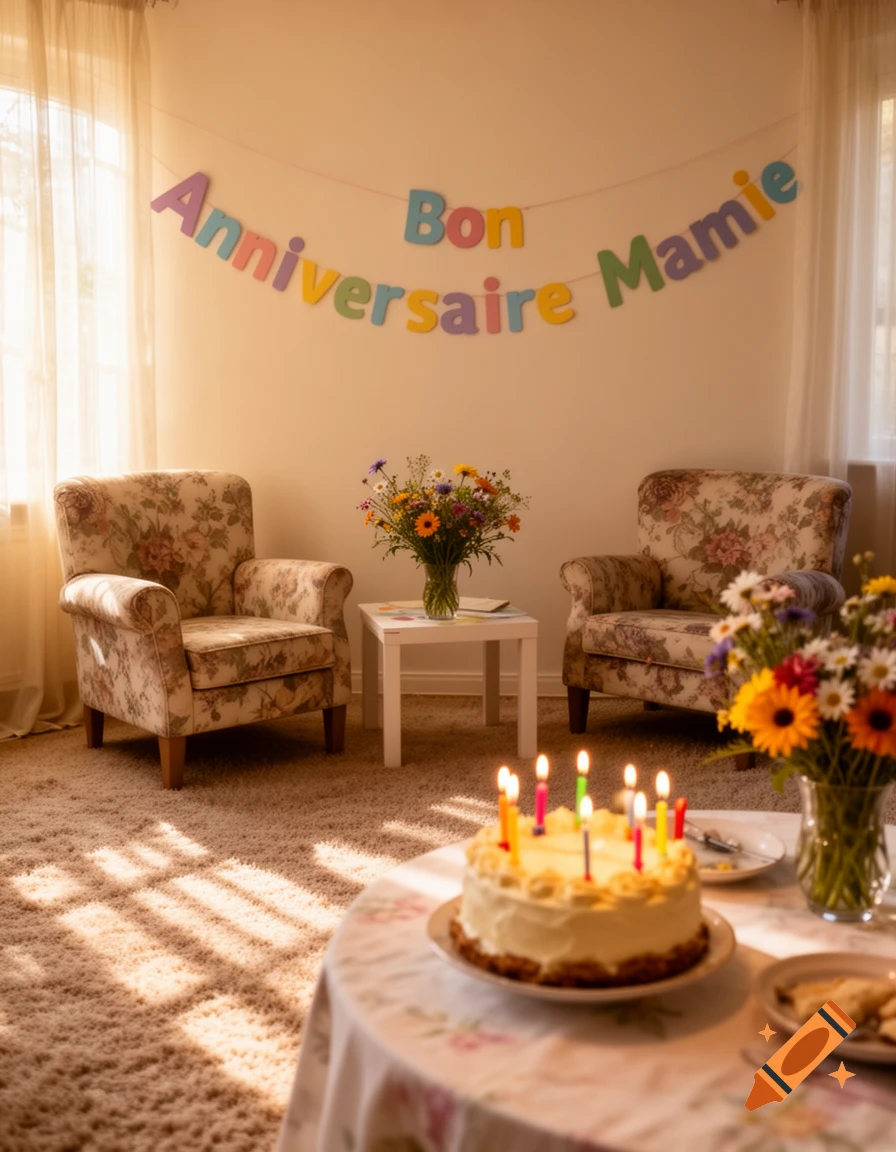 A cozy room decorated for a birthday celebration with a cake, lit candles, flowers, and a 'Bon Anniversaire Mamie' banner.