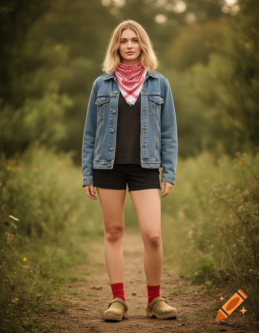 Young woman in denim jacket, black shorts, red socks, and a red and white keffiyeh scarf stands on a path in nature.