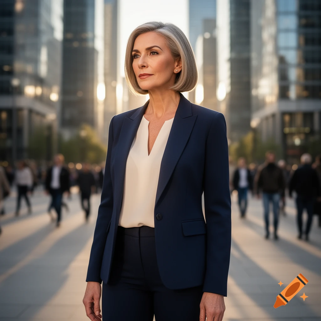 Confident woman in a navy business suit stands on a sunny city street.