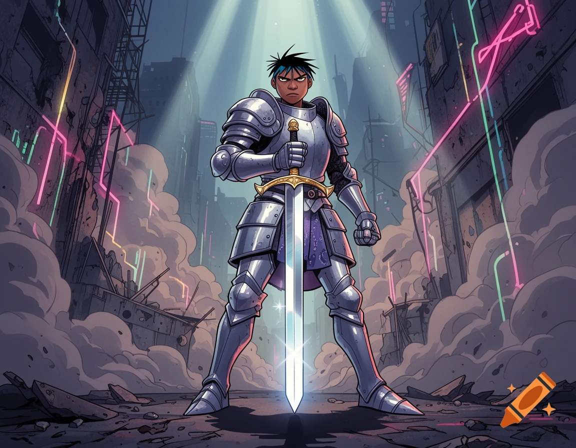 A heroic paladin wielding a shining blade stands in a stylized, futuristic city, rendered in a comic art style.