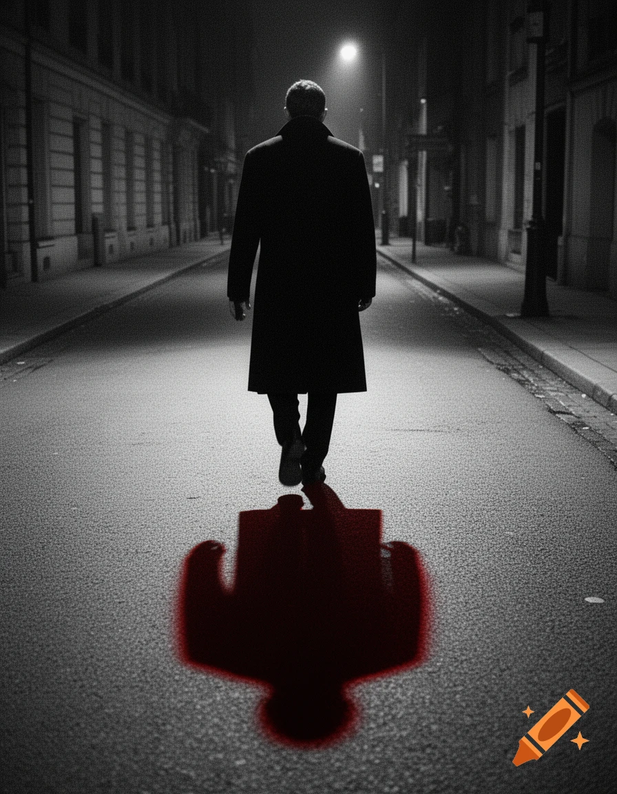 A man in a dark coat walks away down a lonely, dimly lit street at night; his shadow on the ground is a larger, red, ominous shape.