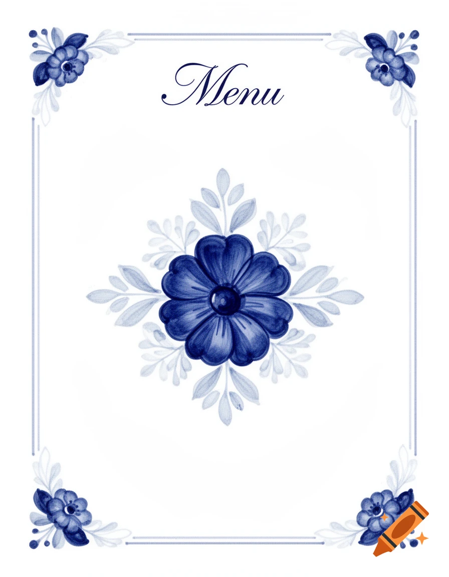 White menu cover with a central deep blue watercolor flower, corner floral designs, and 'Menu' in calligraphy.