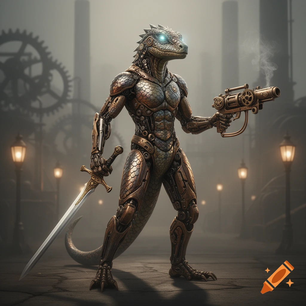 A steampunk-style humanoid lizard in metallic armor holds a sword and a steam-powered gun in a foggy industrial setting.