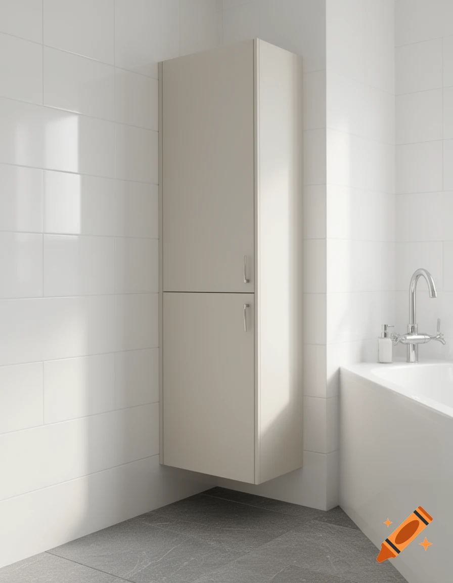 A modern bathroom features a light beige wall-mounted cabinet, white tiled walls, a gray tiled floor, and a white bathtub.