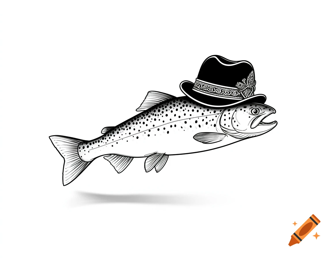 Black and white line art illustration of a trout wearing a black fedora hat with decorative band.