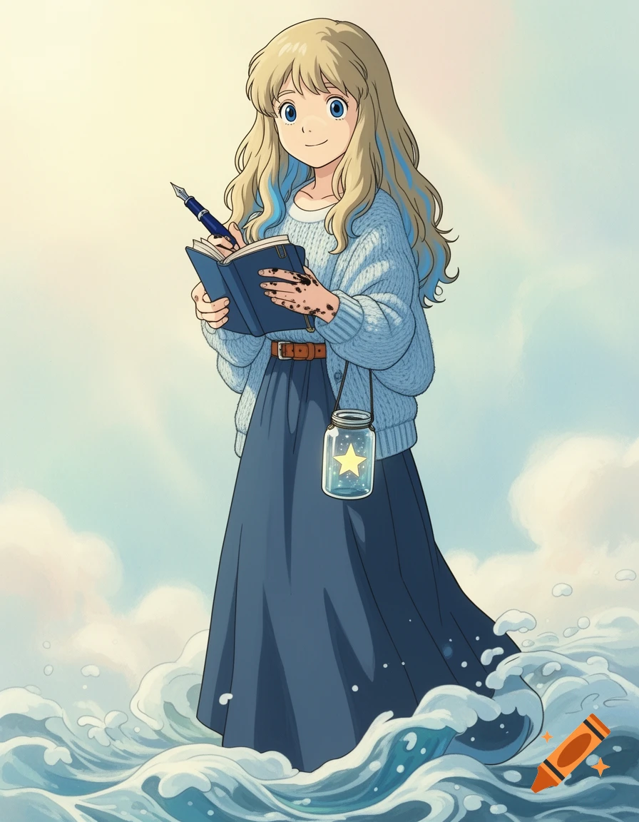 An anime girl with blonde hair and blue highlights writes in a journal, with ink-stained fingers, while standing in the ocean. She wears a light blue cardigan, a dark blue skirt, and has a glowing star in a jar hanging from her belt.