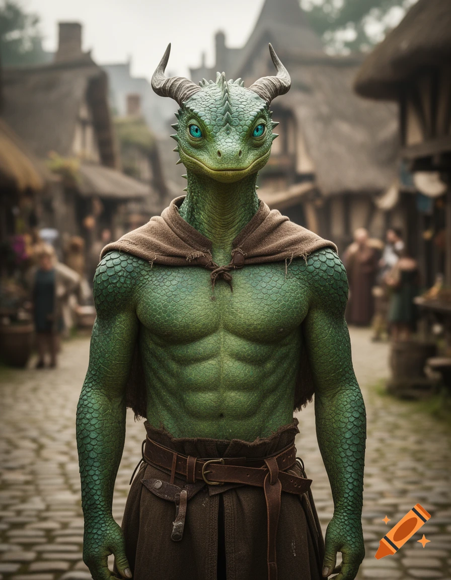 Muscular green lizard humanoid with horns and glowing eyes, wearing a brown cape and medieval clothes, standing in a cobblestone village street.