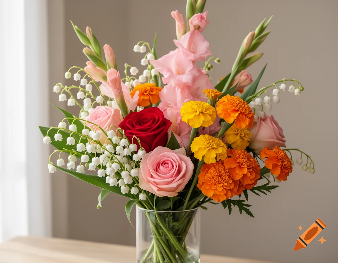 A vibrant bouquet of red and pink roses, yellow and orange marigolds, pink gladiolus, and white lily of the valley in a clear vase.