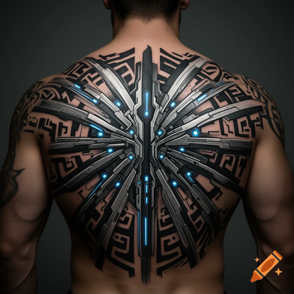 A detailed, futuristic, mechanical-style tattoo with glowing blue elements on a man's back, against a dark background.