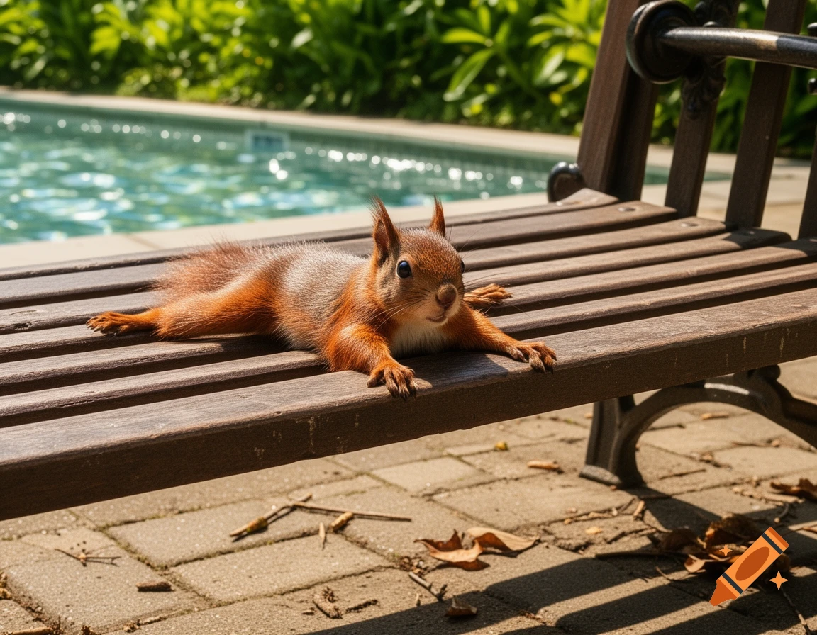 A red squirrel lies flat on a wooden bench, looking towards a swimming pool on a sunny day.