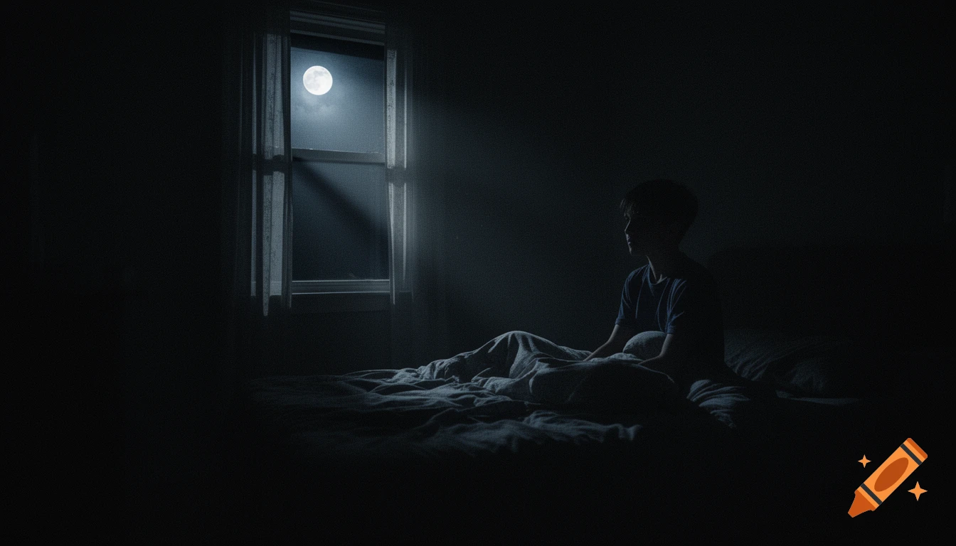 A dark, cinematic image of a teenage boy sitting up in bed, looking at the full moon through a window, creating an eerie atmosphere.