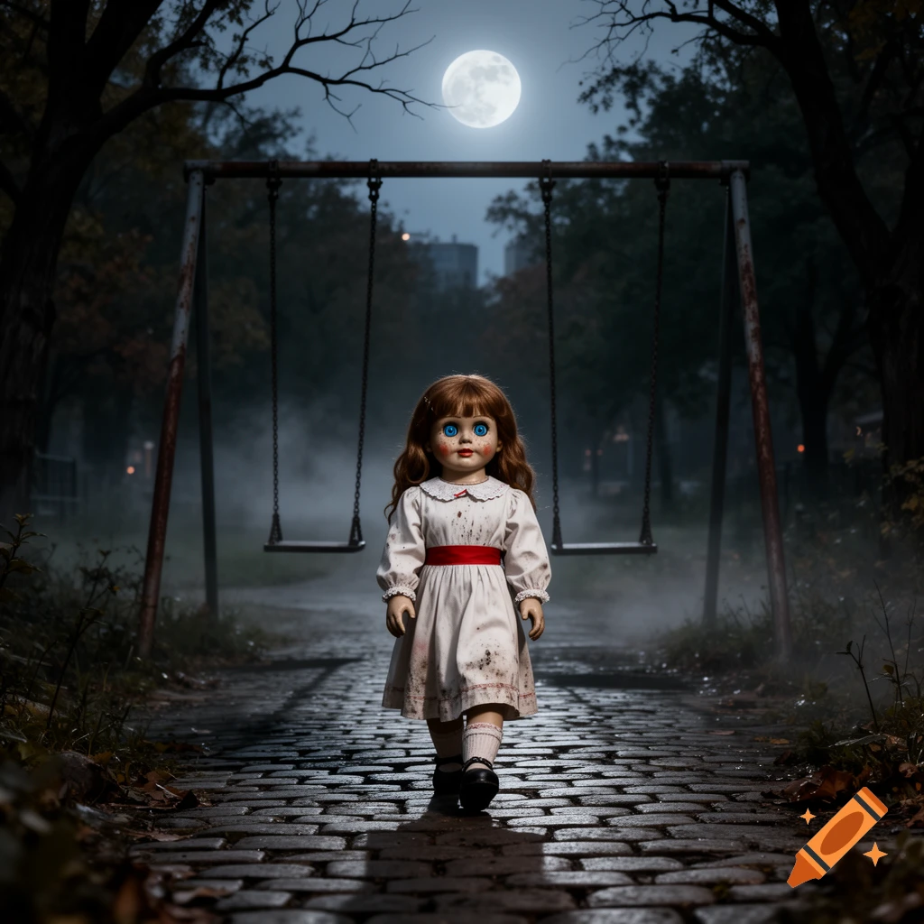 A photorealistic creepy Annabelle-like doll with red hair and blue eyes walks on a cobbled path in a foggy, moonlit park with swings.
