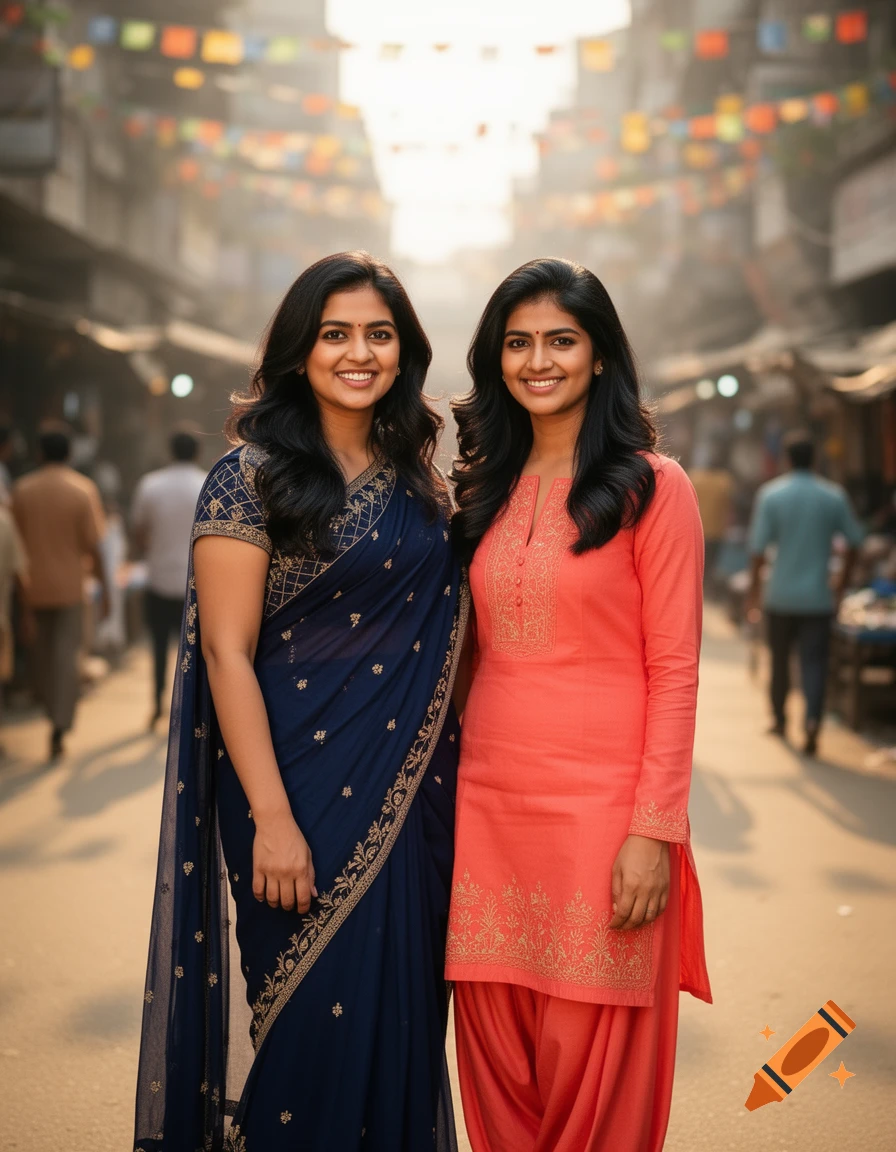 Two smiling Indian women in traditional attire stand on a bustling street with festive banners overhead.
