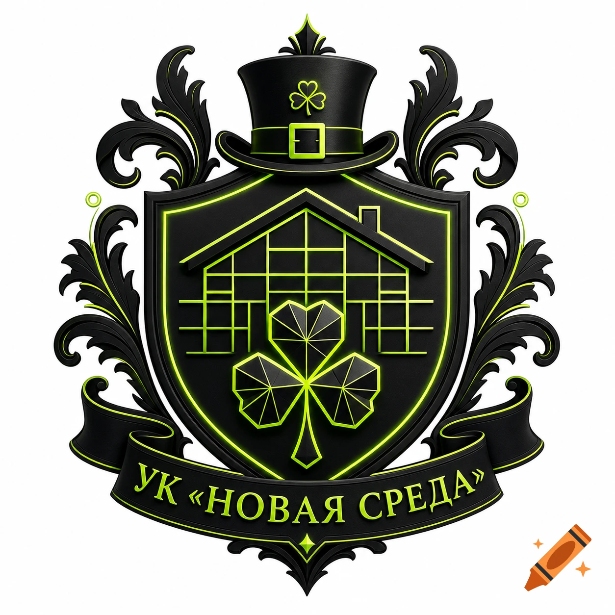 Modern corporate emblem with a black shield, neon green outlines of a house grid, geometric shamrock, and leprechaun hat. Banner reads 'УК «НОВАЯ СРЕДА»'.