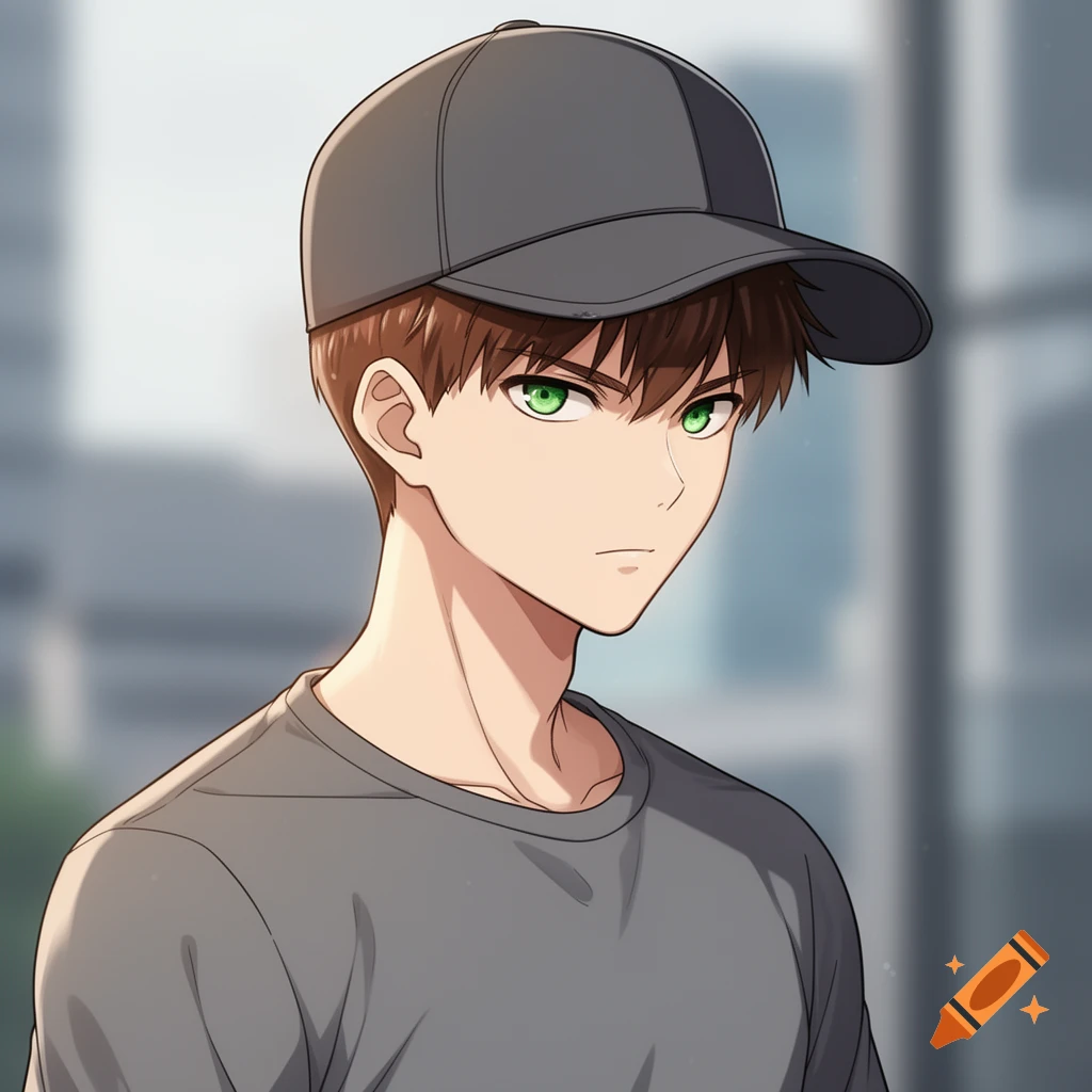Anime-style portrait of a young man with short brown hair and green eyes, wearing a gray t-shirt and a dark gray baseball cap.