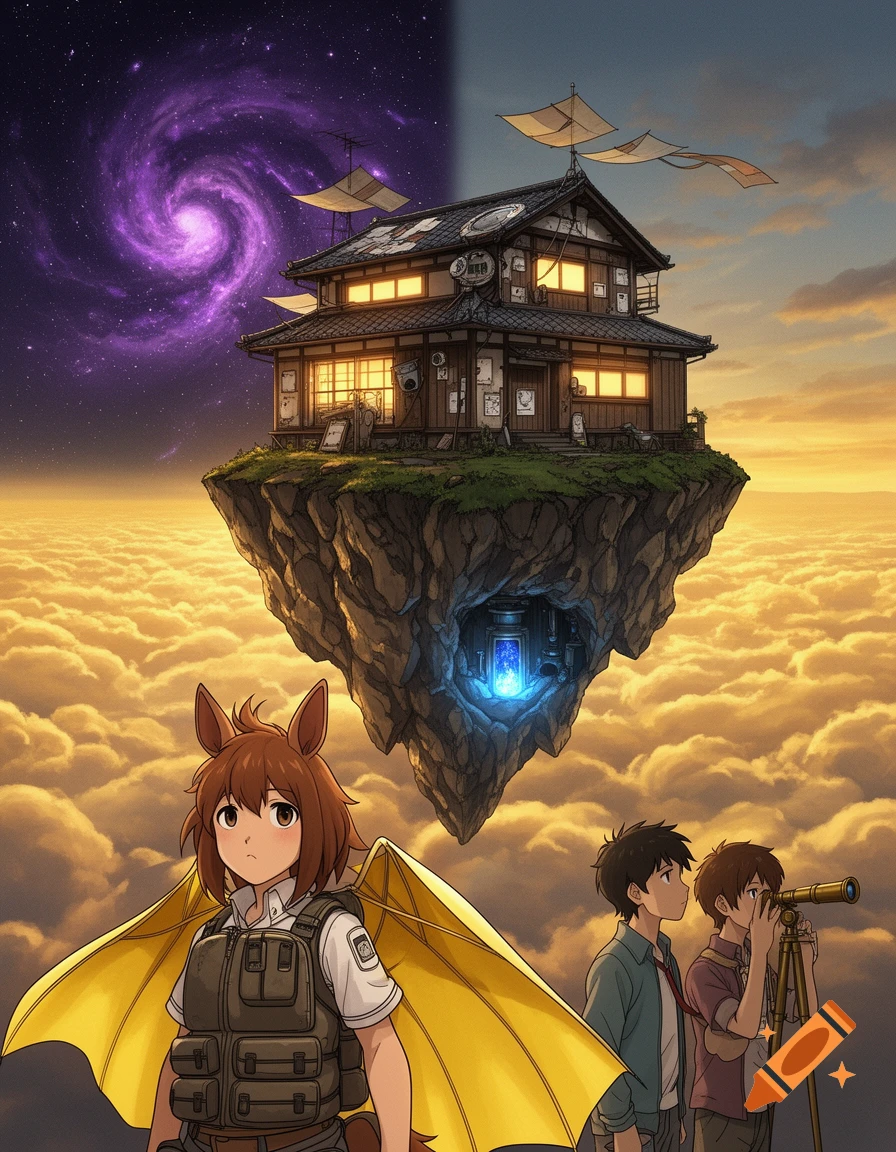 An anime horse girl and two boys look at a floating Japanese house on a rocky island under a split sky of cosmic space and golden clouds.