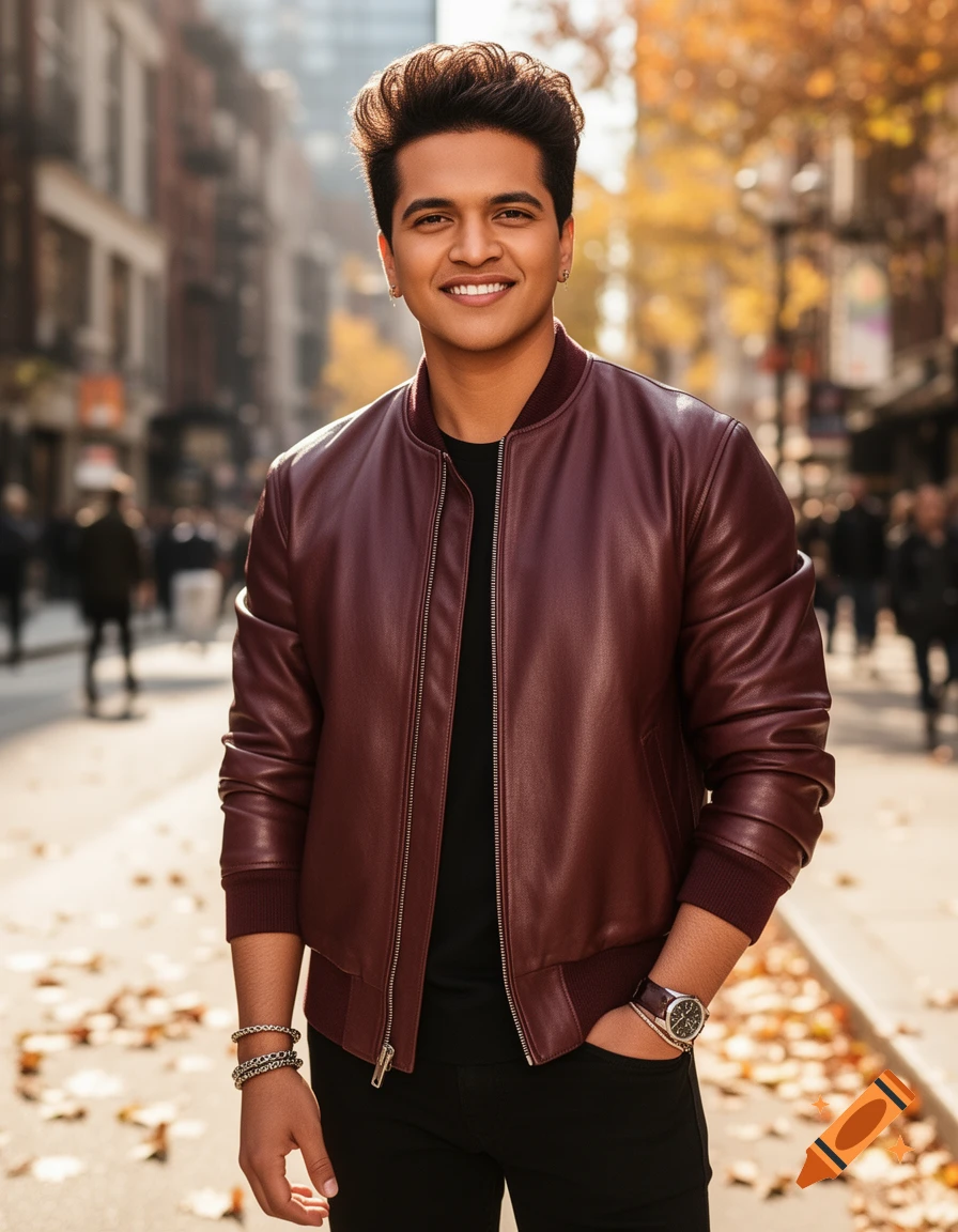 A smiling young man in a burgundy bomber jacket and black outfit poses on an autumn city street.