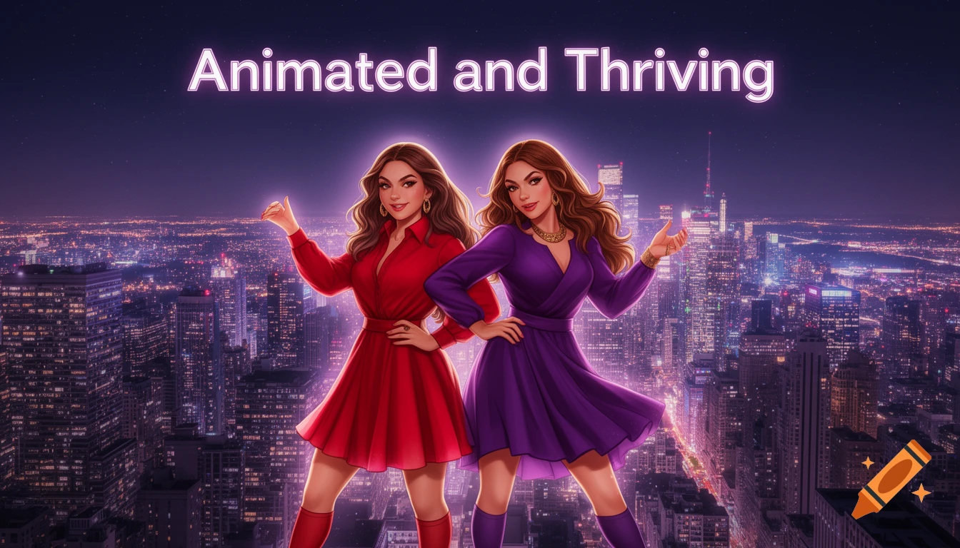 Two animated women in red and purple dresses pose against a vibrant city skyline at night. Text 'Animated and Thriving' above.