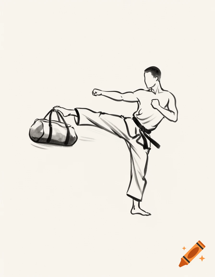 Sumi style minimalist outline sketch of a man in a karate uniform kicking a gym bag.