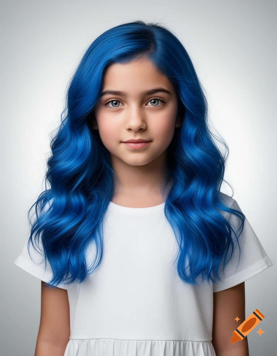 A photorealistic portrait of a young girl with long, wavy blue hair and gray eyes, wearing a white shirt against a white background.