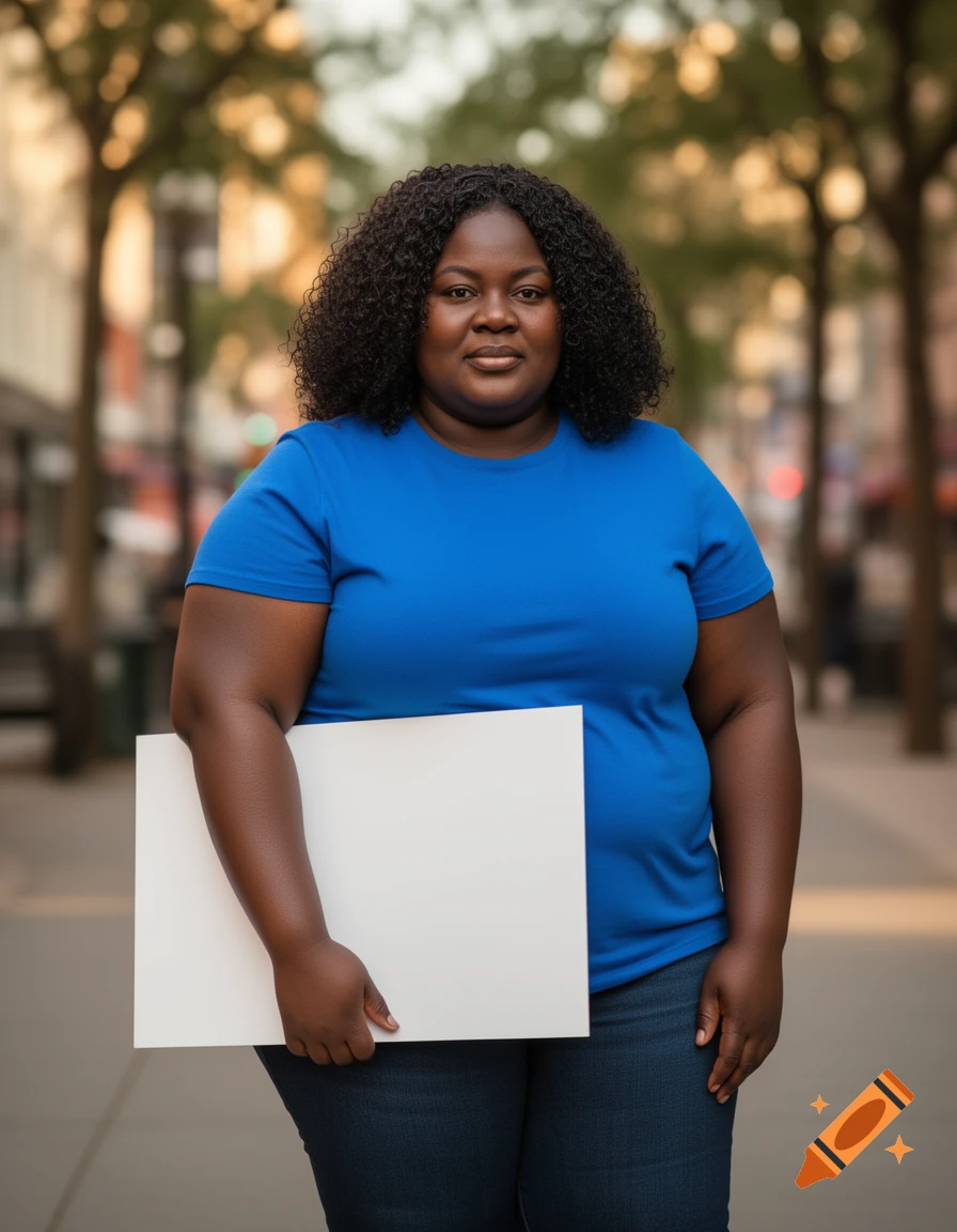 A photorealistic image of an obese black woman with curly hair, wearing a blue t-shirt and jeans, standing outdoors and holding a blank white sign.